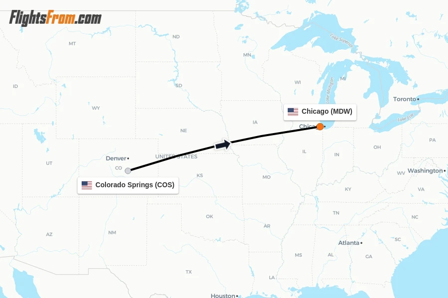 Flights from Colorado Springs to Chicago route map