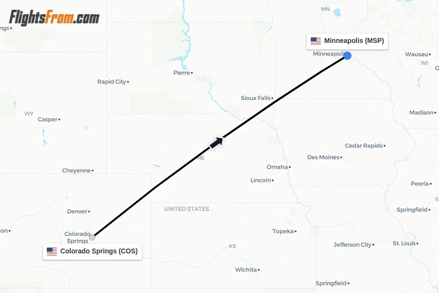 Flights from Colorado Springs to Minneapolis route map