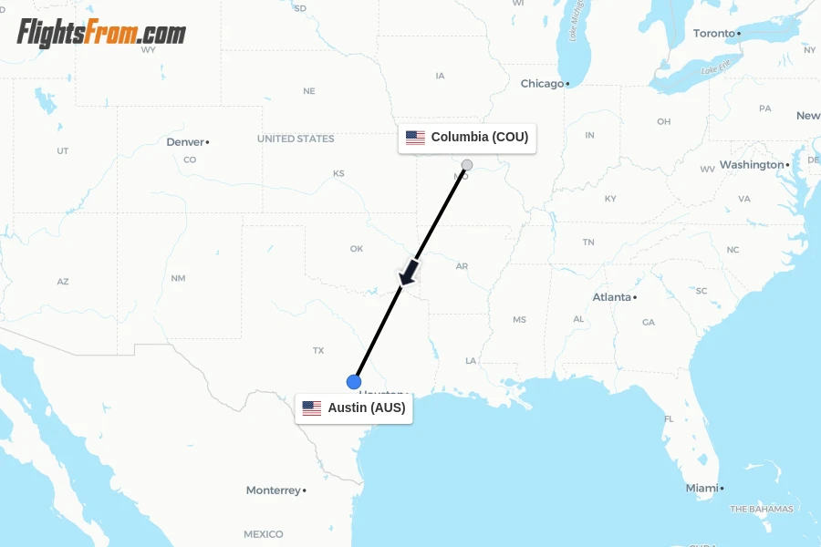 Flights from Columbia to Austin route map