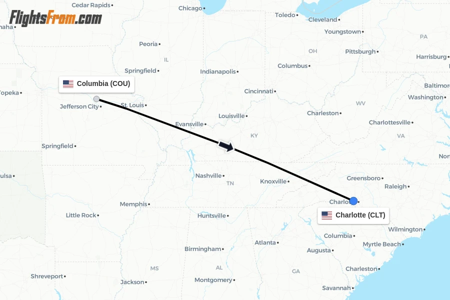 Flights from Columbia to Charlotte route map