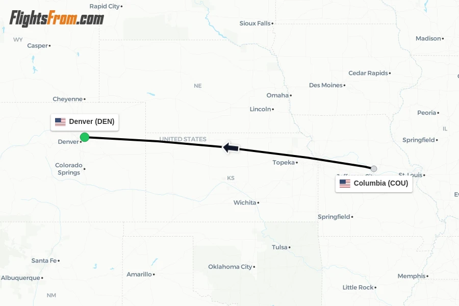 Flights from Columbia to Denver route map
