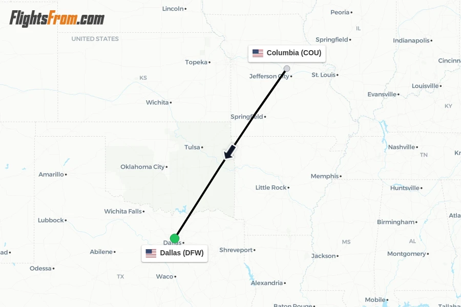 Flights from Columbia to Dallas route map