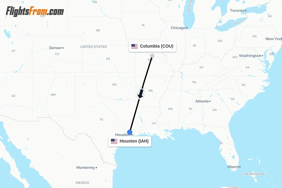 Flights from Columbia to Houston route map
