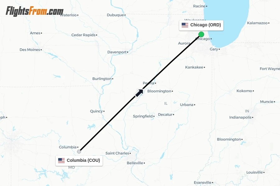 Flights from Columbia to Chicago route map