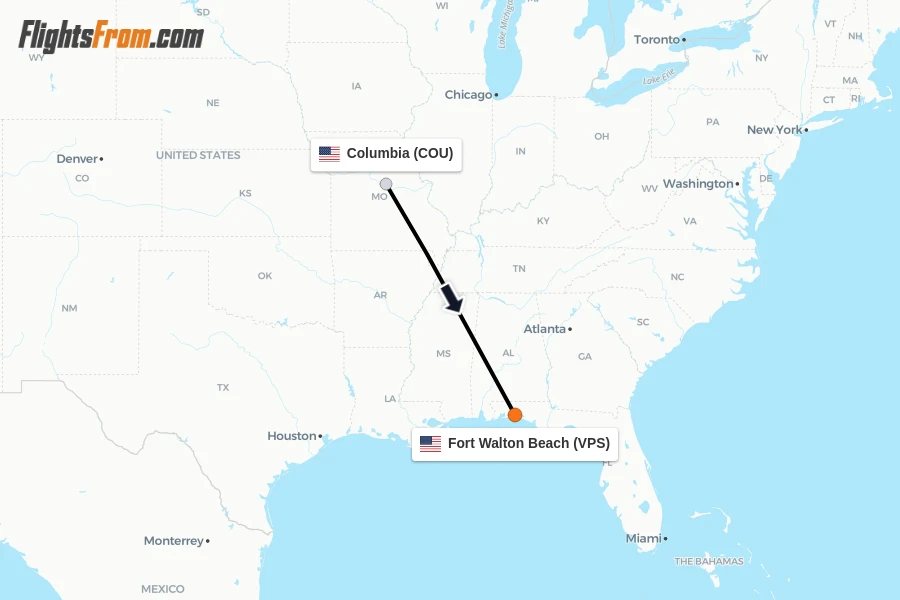Flights from Columbia to Fort Walton Beach route map
