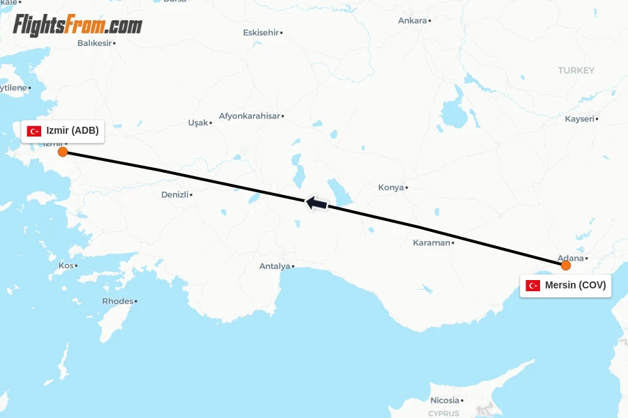 Flights from Mersin to Izmir route map