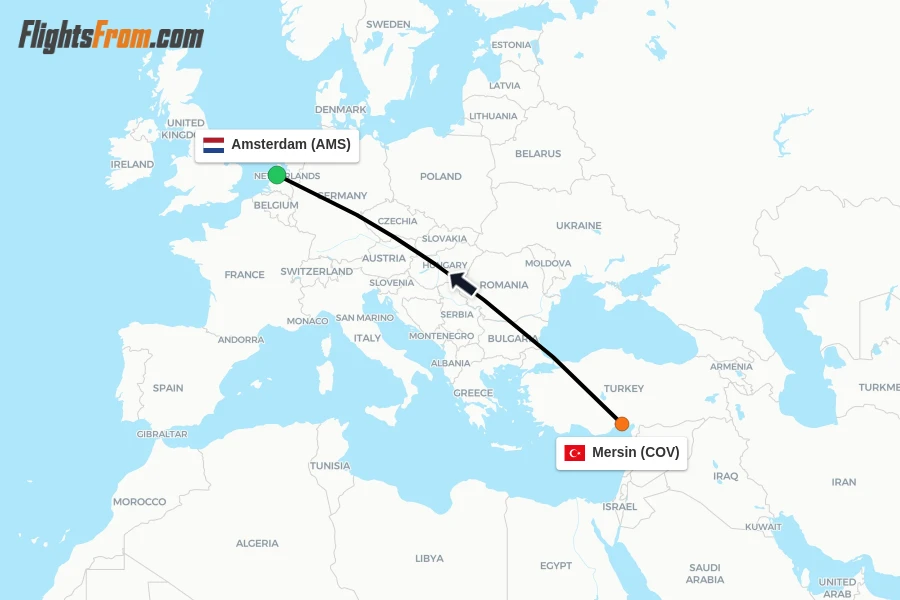 Flights from Mersin to Amsterdam route map