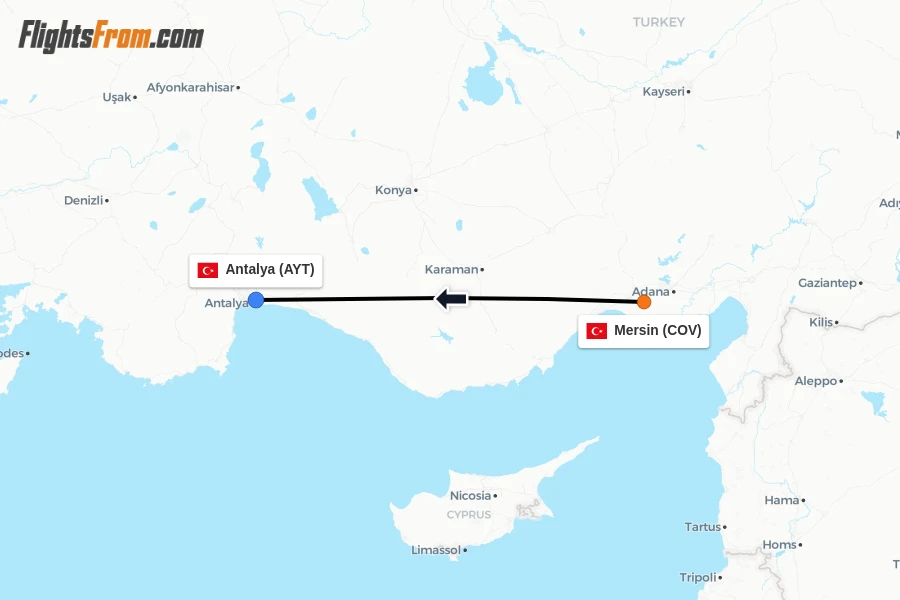 Flights from Mersin to Antalya route map