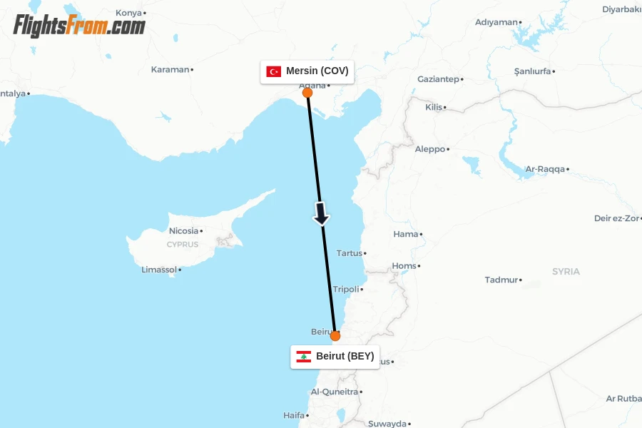 Flights from Mersin to Beirut route map
