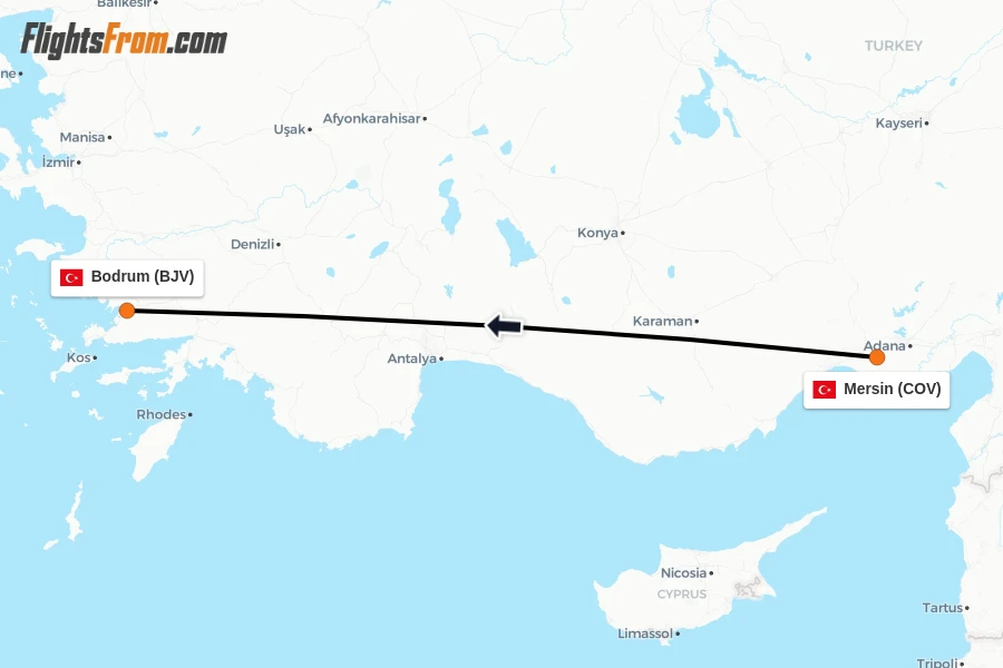 Flights from Mersin to Bodrum route map