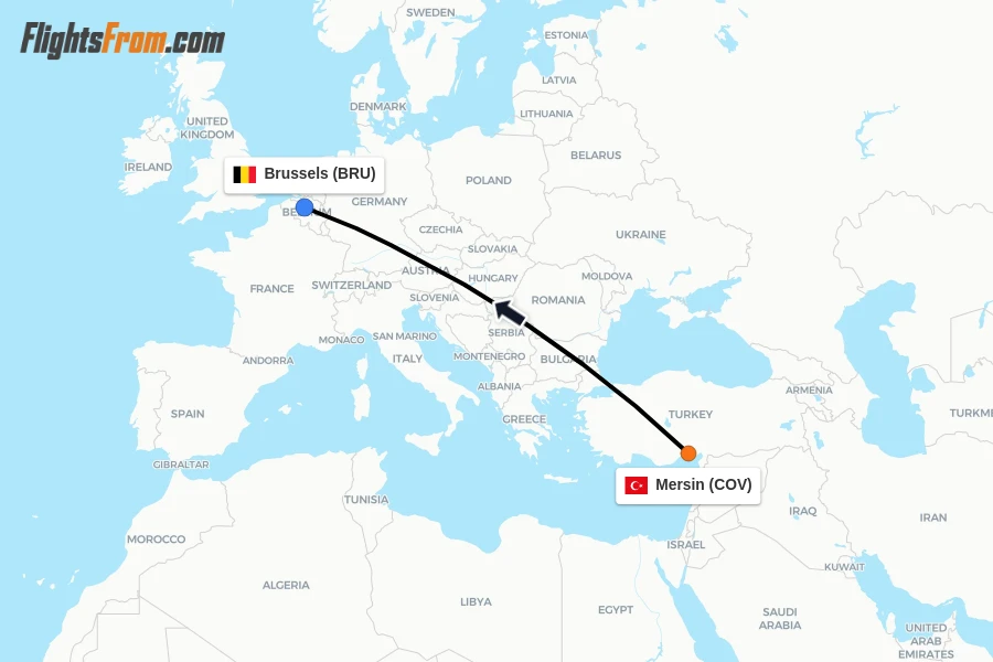 Flights from Mersin to Brussels route map