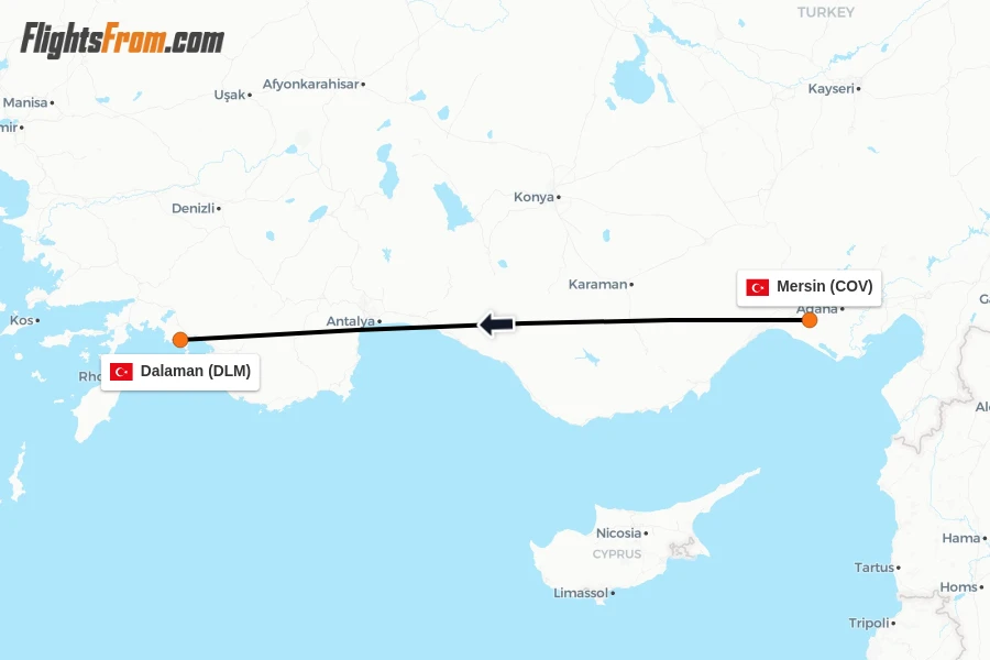 Flights from Mersin to Dalaman route map