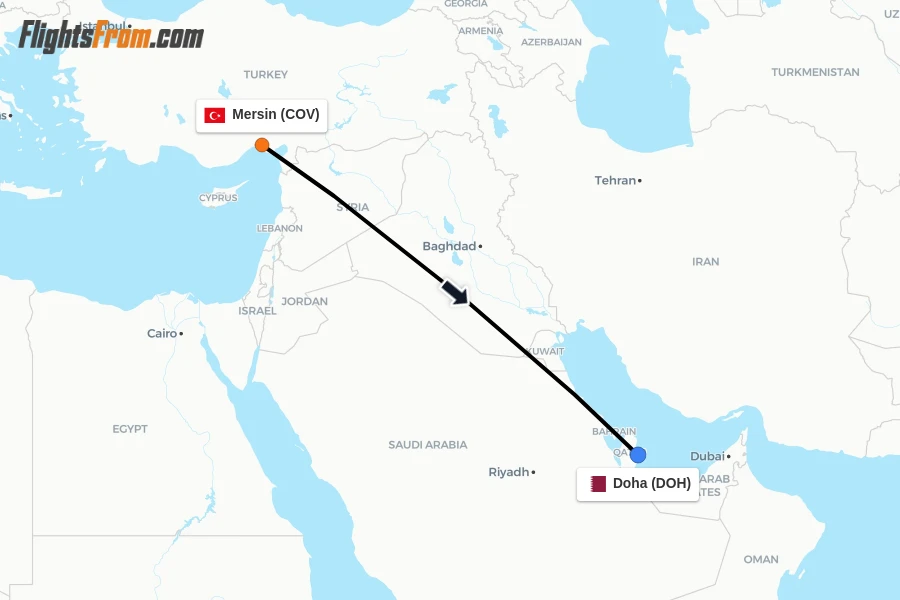 Flights from Mersin to Doha route map
