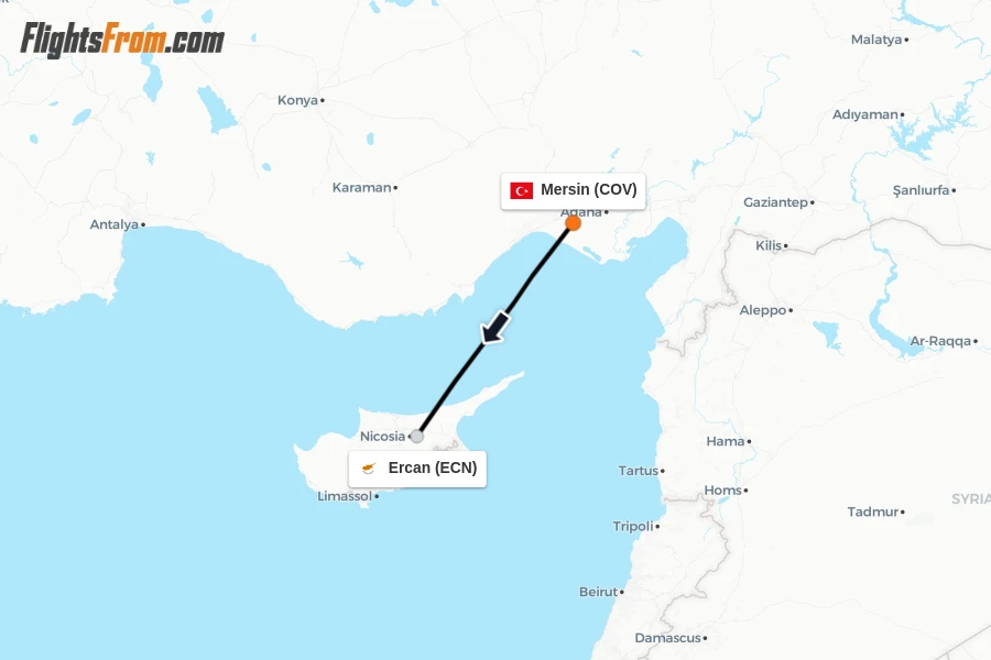 Flights from Mersin to Ercan route map