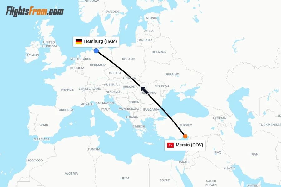 Flights from Mersin to Hamburg route map