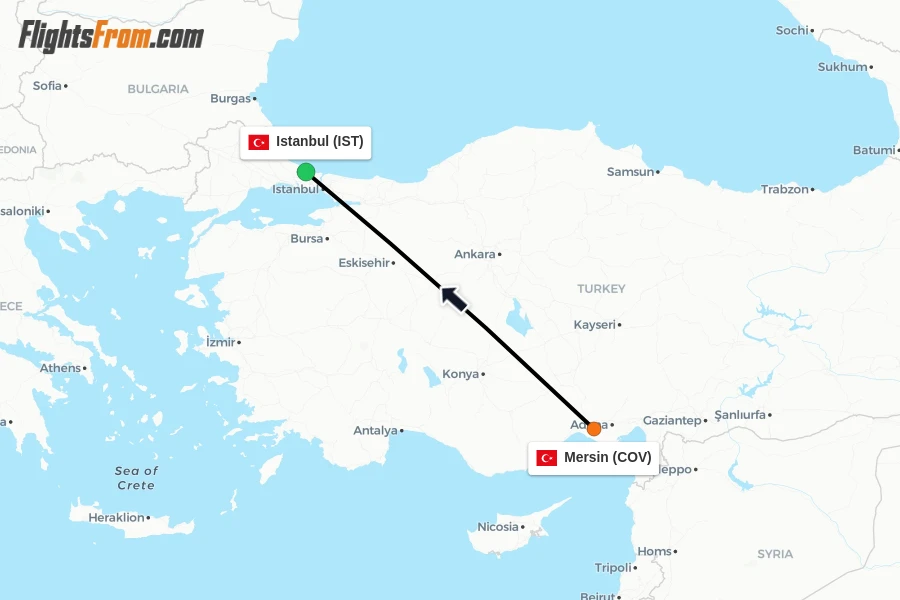 Flights from Mersin to Istanbul route map