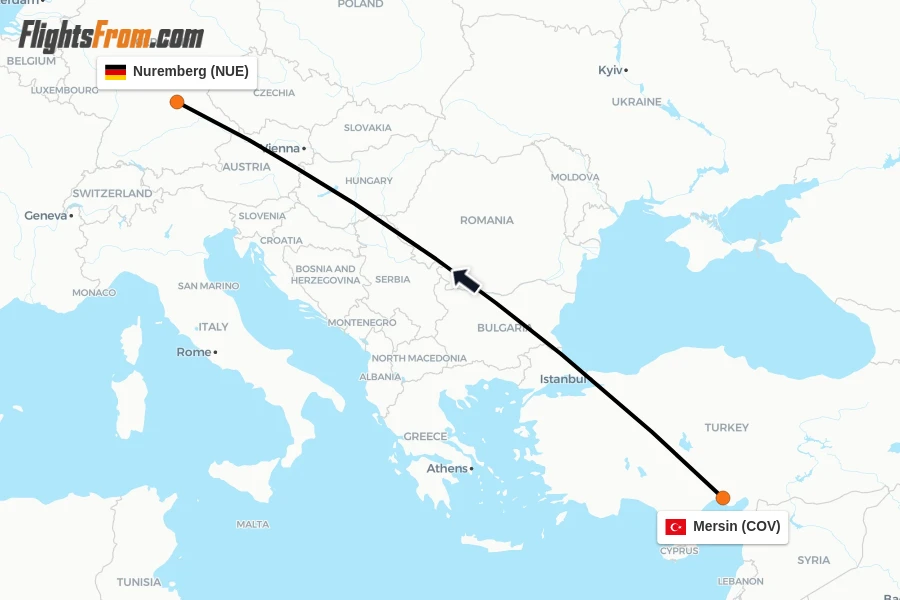 Flights from Mersin to Nuremberg route map