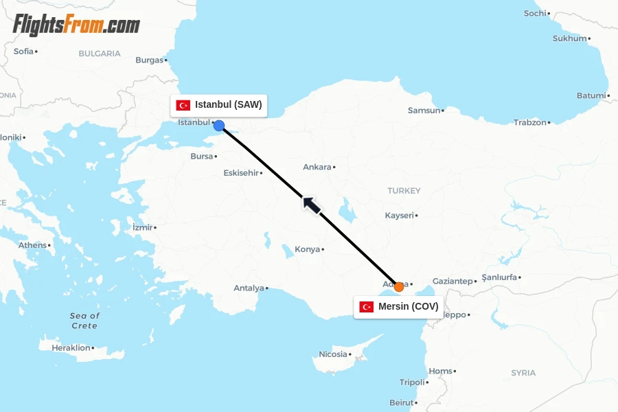 Flights from Mersin to Istanbul route map