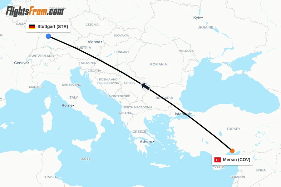 Flights from Mersin to Stuttgart route map