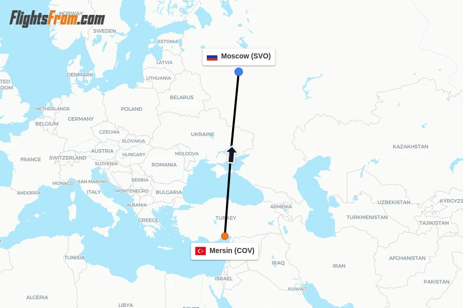 Flights from Mersin to Moscow route map