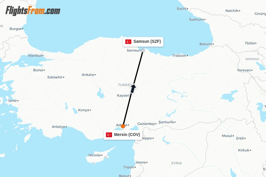 Flights from Mersin to Samsun route map