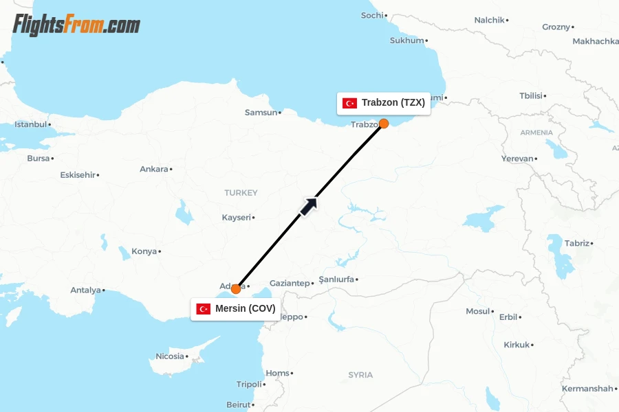 Flights from Mersin to Trabzon route map