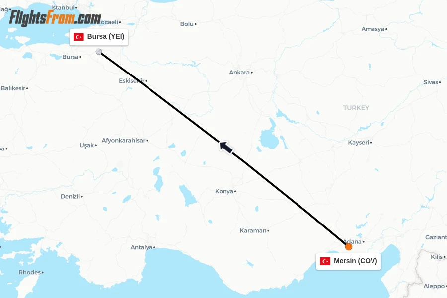 Flights from Mersin to Bursa route map