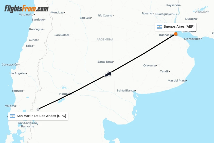 Flights from San Martin De Los Andes to Buenos Aires route map