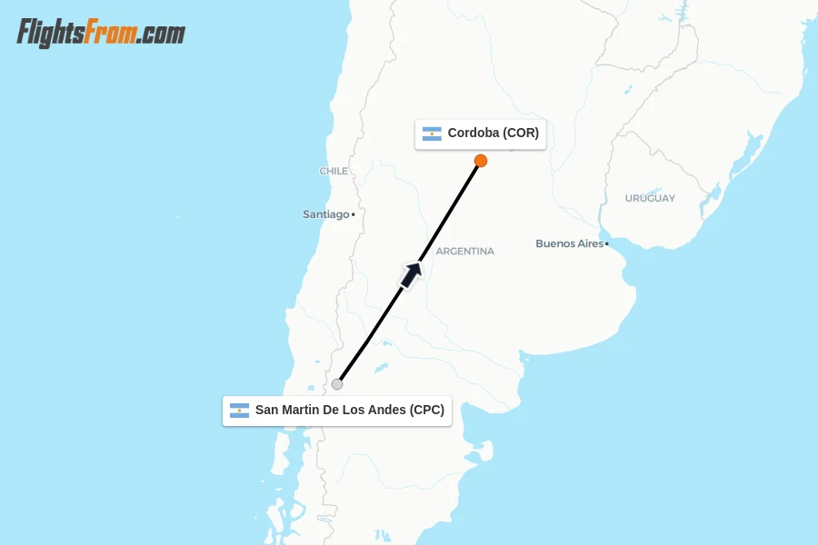 Flights from San Martin De Los Andes to Cordoba route map
