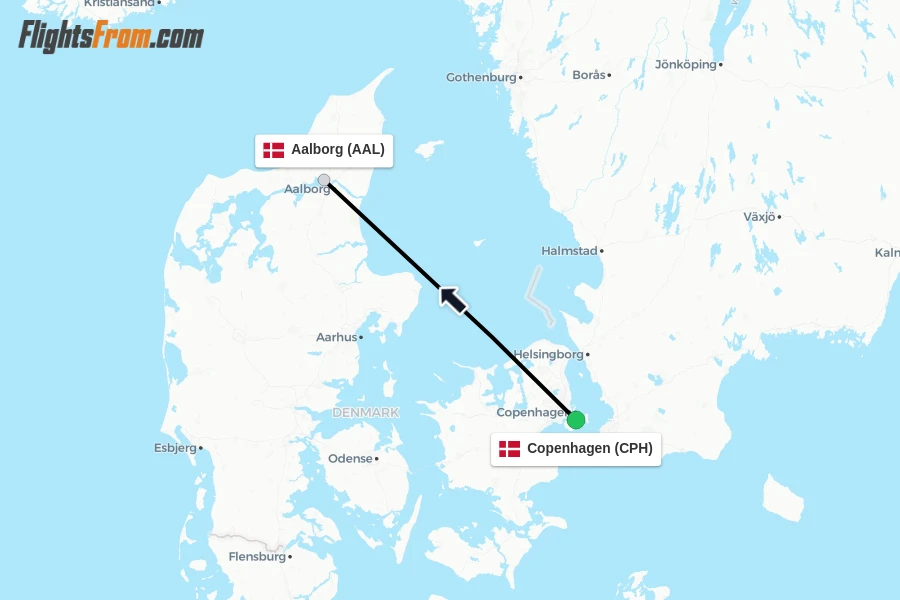 Flights from Copenhagen to Aalborg route map