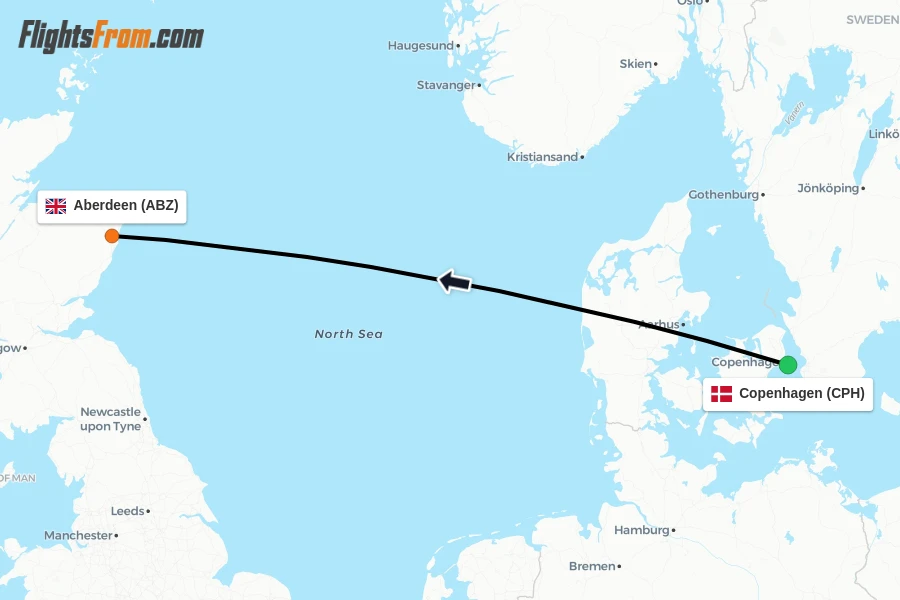 Flights from Copenhagen to Aberdeen route map