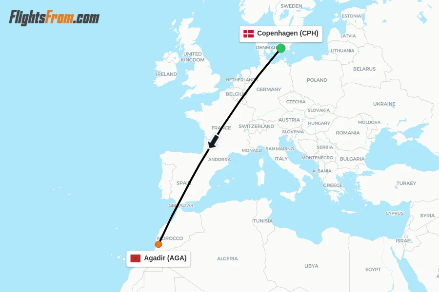 Flights from Copenhagen to Agadir route map