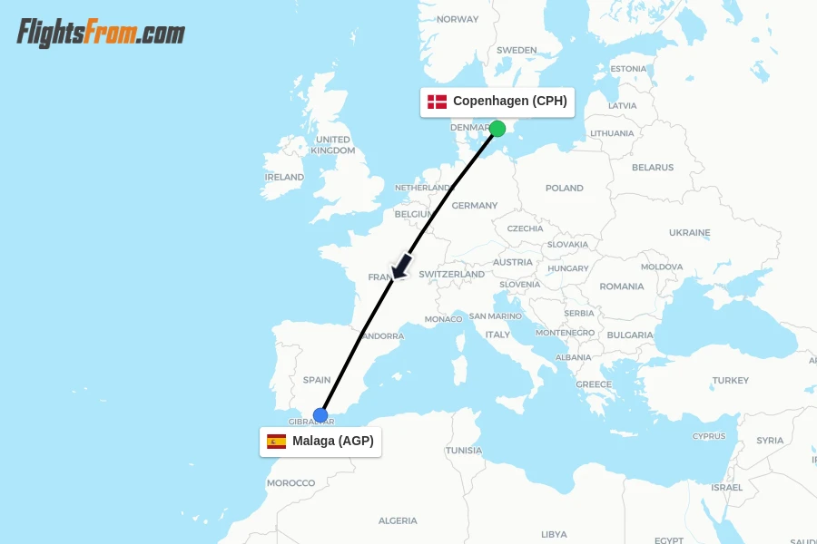 Flights from Copenhagen to Malaga route map
