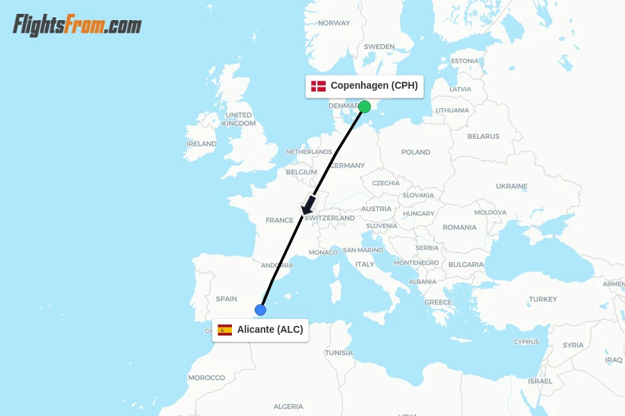 Flights from Copenhagen to Alicante route map