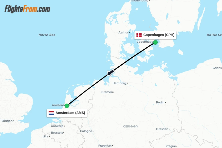 Flights from Copenhagen to Amsterdam route map