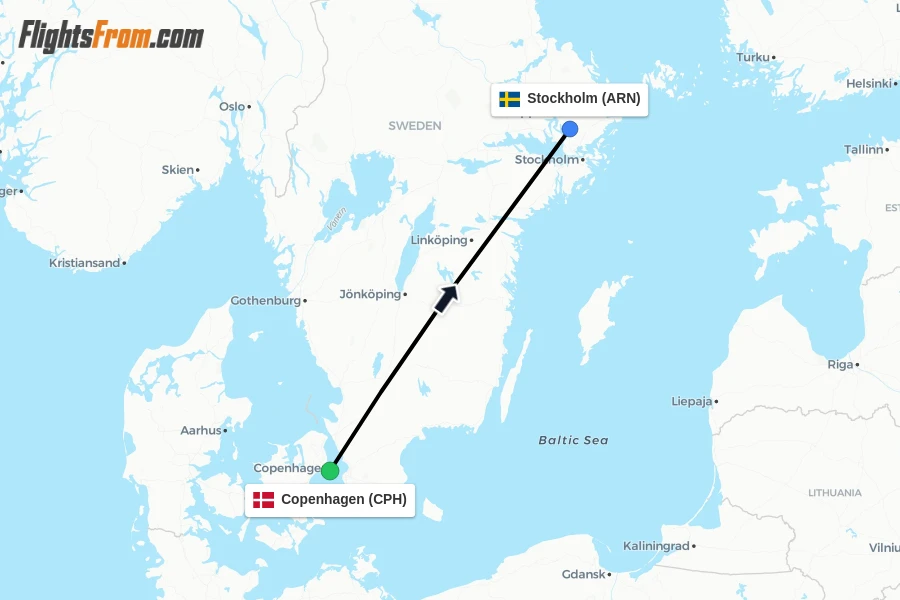 Flights from Copenhagen to Stockholm route map