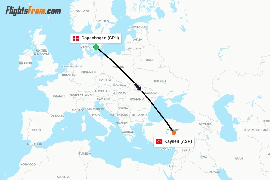 Flights from Copenhagen to Kayseri route map