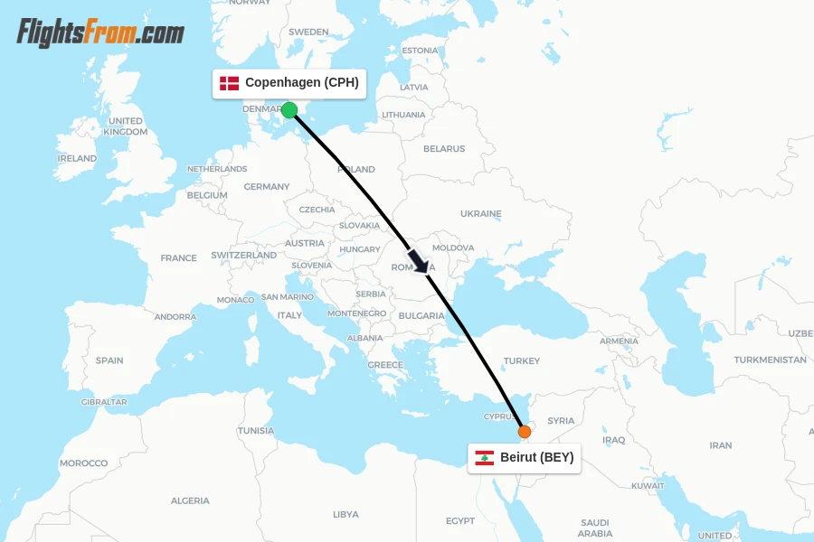 Flights from Copenhagen to Beirut route map