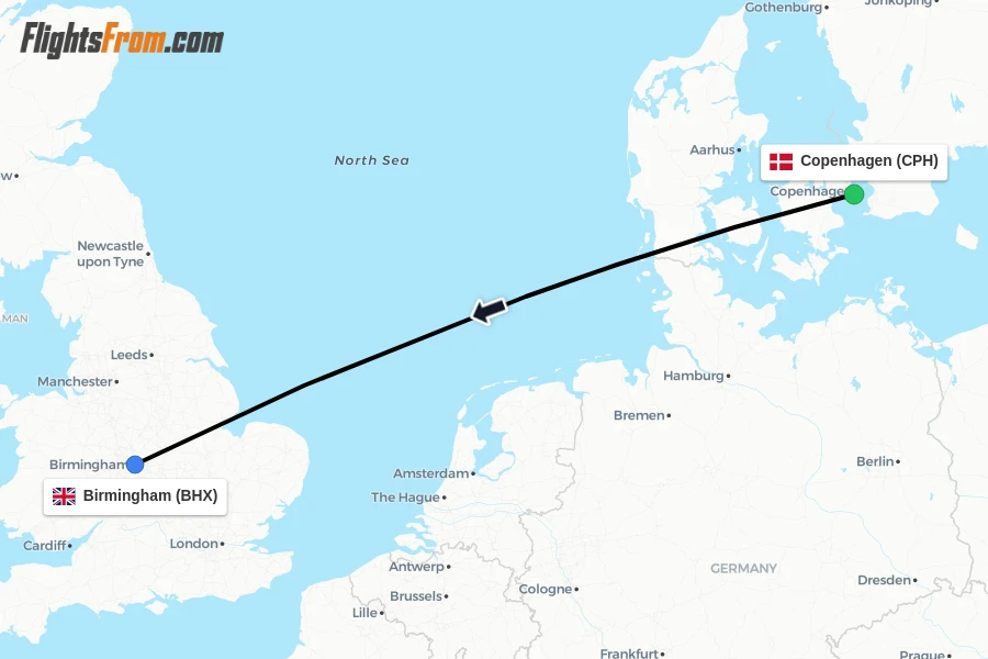 Flights from Copenhagen to Birmingham route map