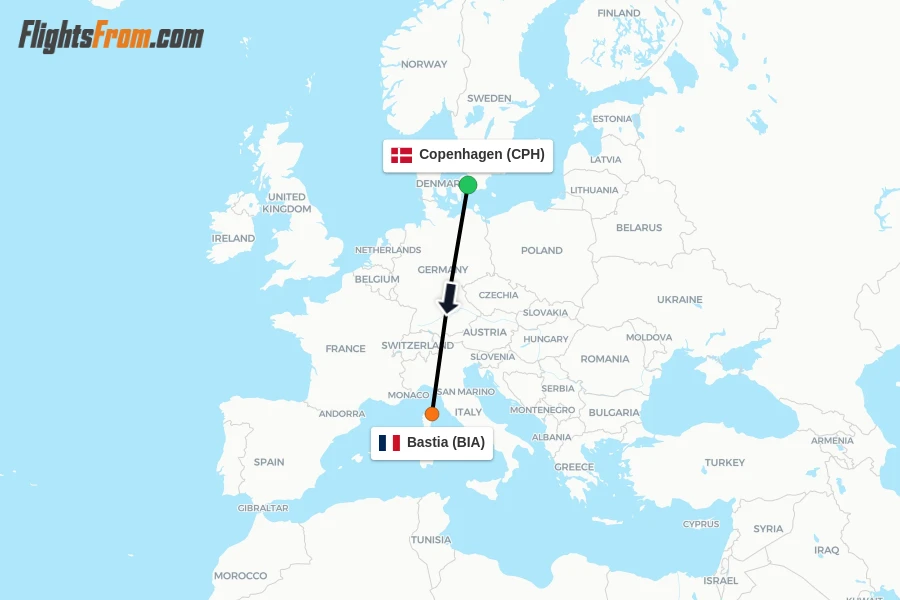 Flights from Copenhagen to Bastia route map
