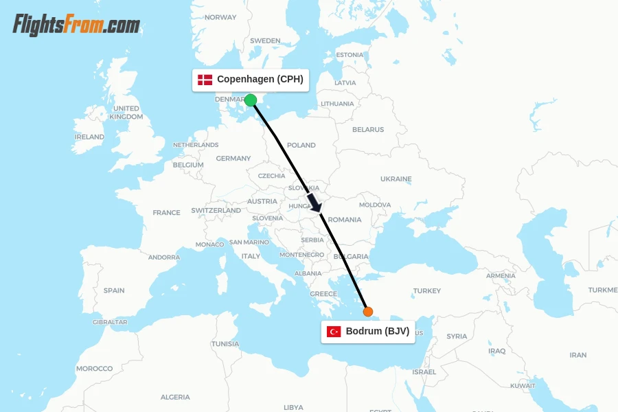Flights from Copenhagen to Bodrum route map
