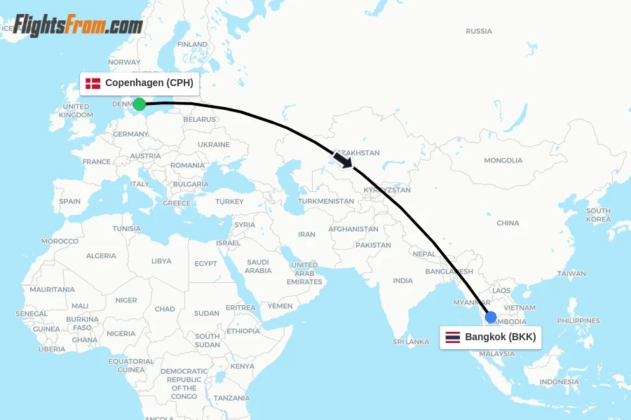 Flights from Copenhagen to Bangkok route map