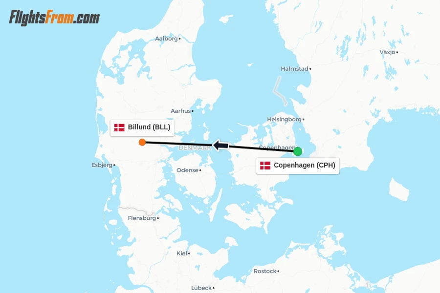 Flights from Copenhagen to Billund route map