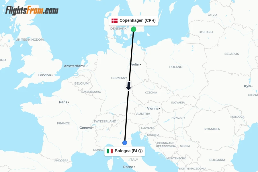 Flights from Copenhagen to Bologna route map