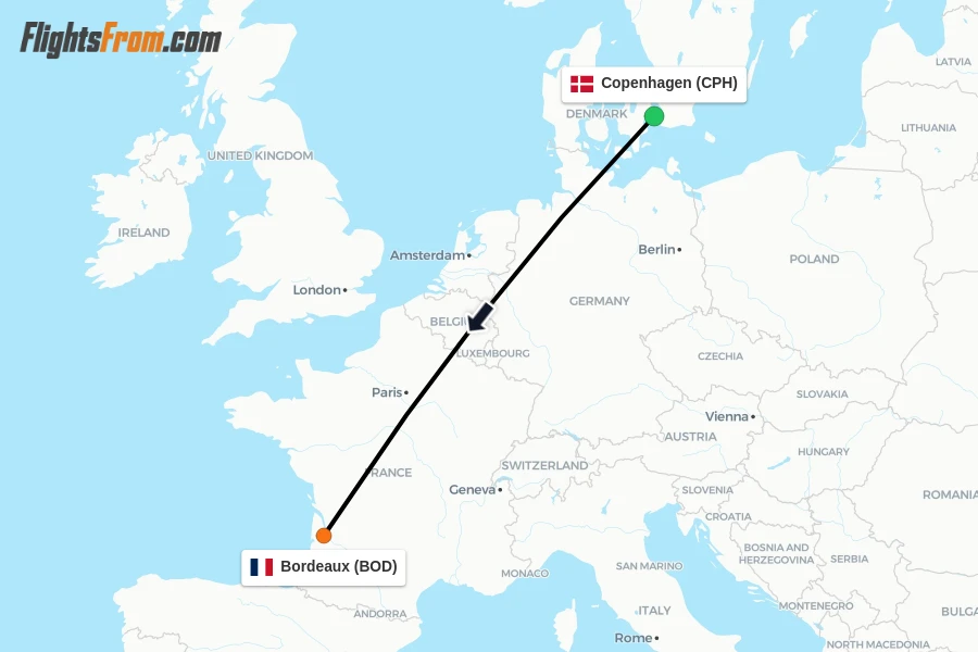 Flights from Copenhagen to Bordeaux route map
