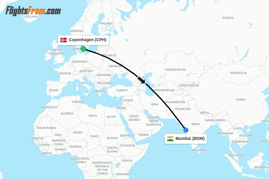 Flights from Copenhagen to Mumbai route map