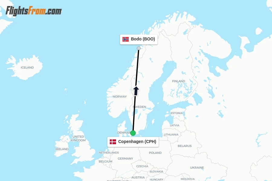 Flights from Copenhagen to Bodo route map
