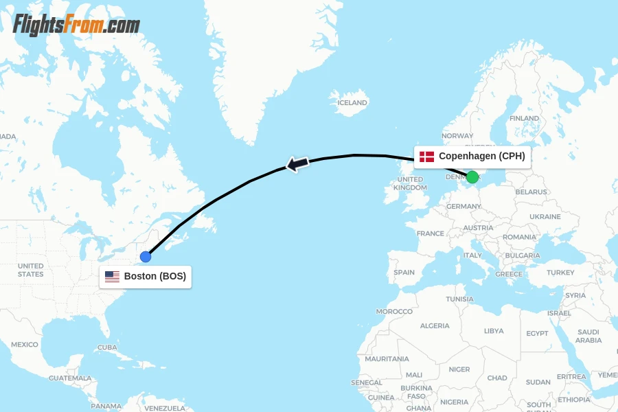 Flights from Copenhagen to Boston route map
