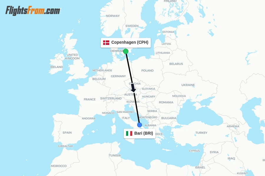 Flights from Copenhagen to Bari route map