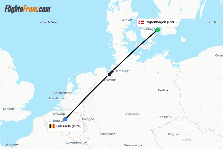 Flights from Copenhagen to Brussels route map